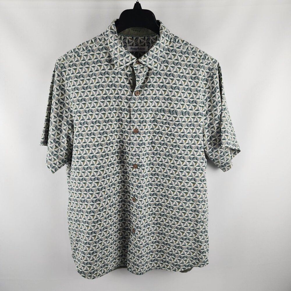 Tommy Bahama Green and Blue Geometric Print Short Sleeve Button-Down Shirt